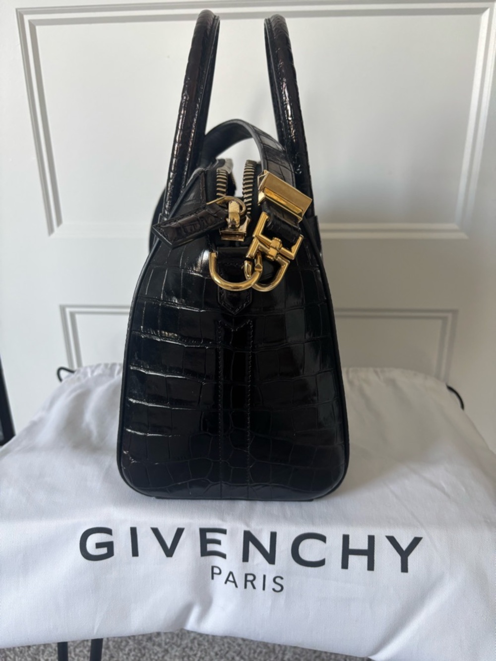 Givenchy Black Croc-Embossed Leather Satchel with Gold Hardware - Picture 3 of 5